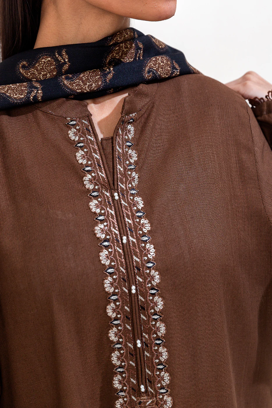 3 PIECE EMBROIDERED KHADDAR SUIT-MOCHA TRIBE (UNSTITCHED) - Image 5