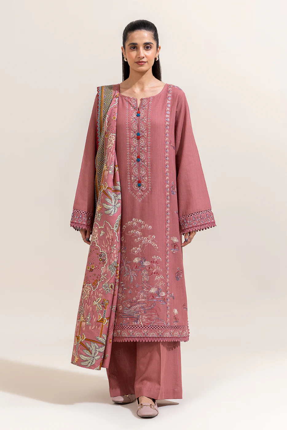 3 PIECE EMBROIDERED KHADDAR SUIT-MYSTIC PINK (UNSTITCHED) - Image 2
