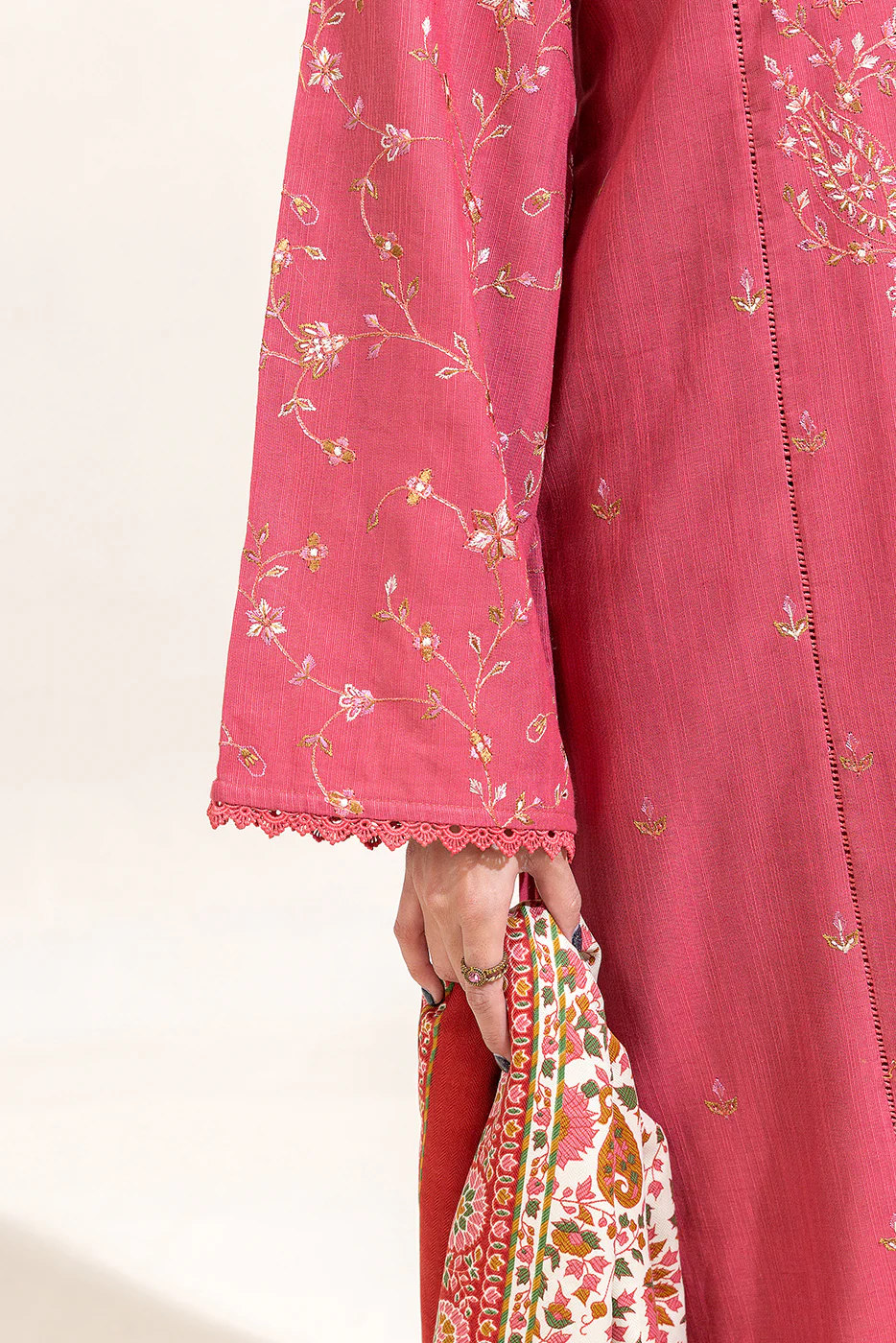 3 PIECE EMBROIDERED KHADDAR SUIT-SALMON BLISS (UNSTITCHED) - Image 3