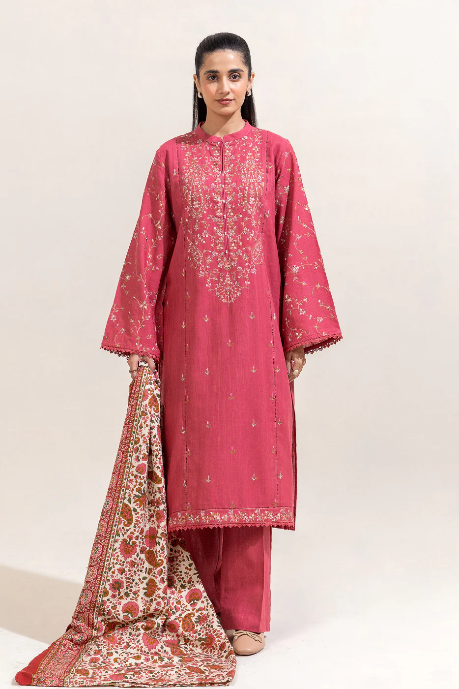 3 PIECE EMBROIDERED KHADDAR SUIT-SALMON BLISS (UNSTITCHED) - Image 5