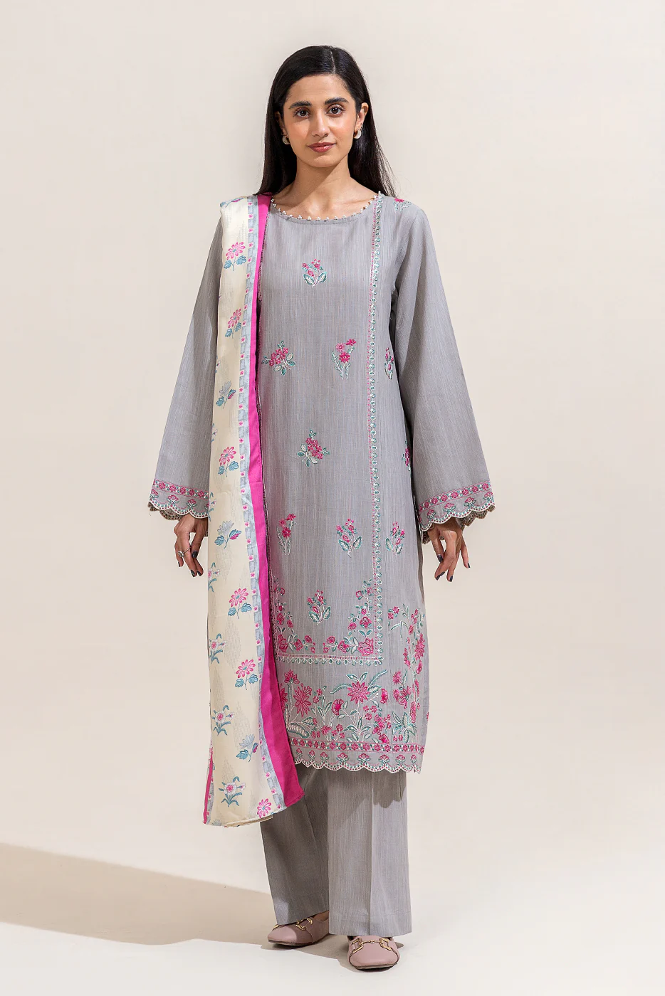 3 PIECE EMBROIDERED KHADDAR SUIT-CLOUD FLORA (UNSTITCHED) - Image 3