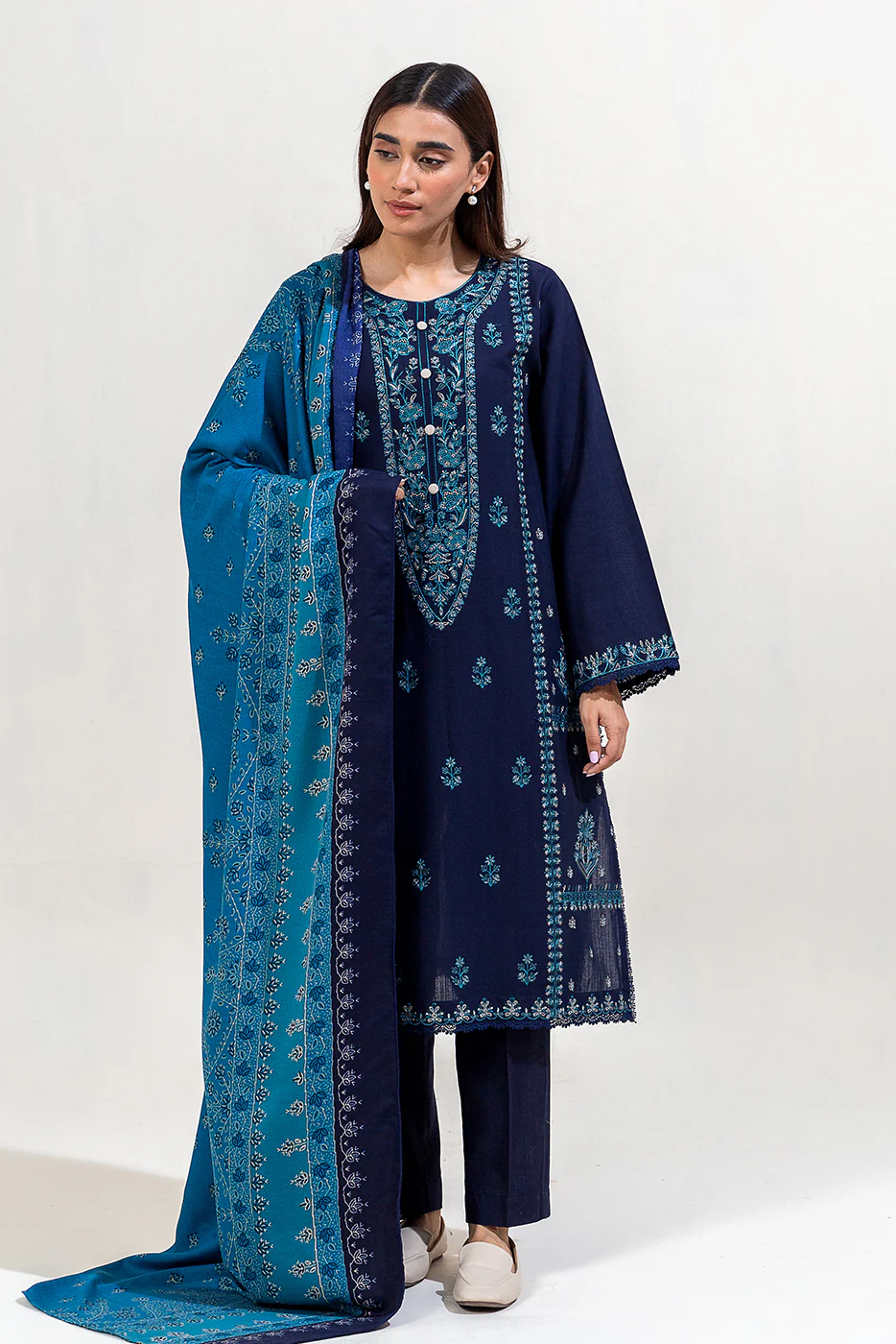 3 PIECE EMBROIDERED KHADDAR SUIT-INTRICATE NAVY (UNSTITCHED) - Image 2