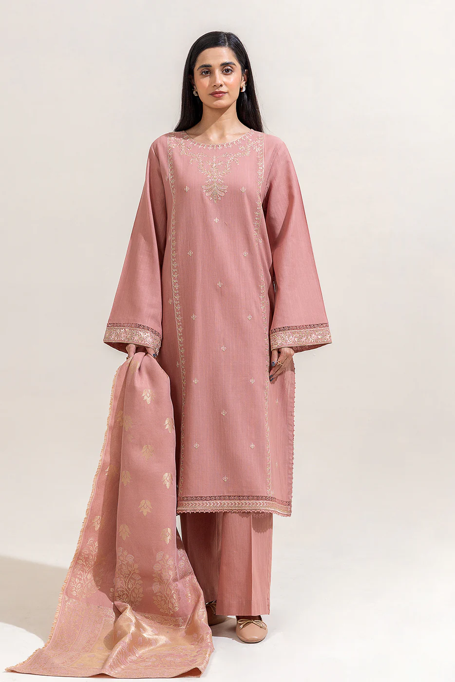 3 PIECE EMBROIDERED KHADDAR SUIT-ROSE PINK (UNSTITCHED) - Image 4