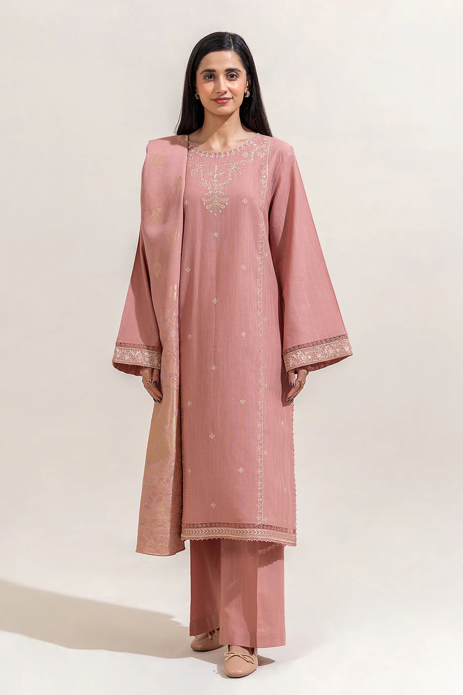 3 PIECE EMBROIDERED KHADDAR SUIT-ROSE PINK (UNSTITCHED) - Image 5