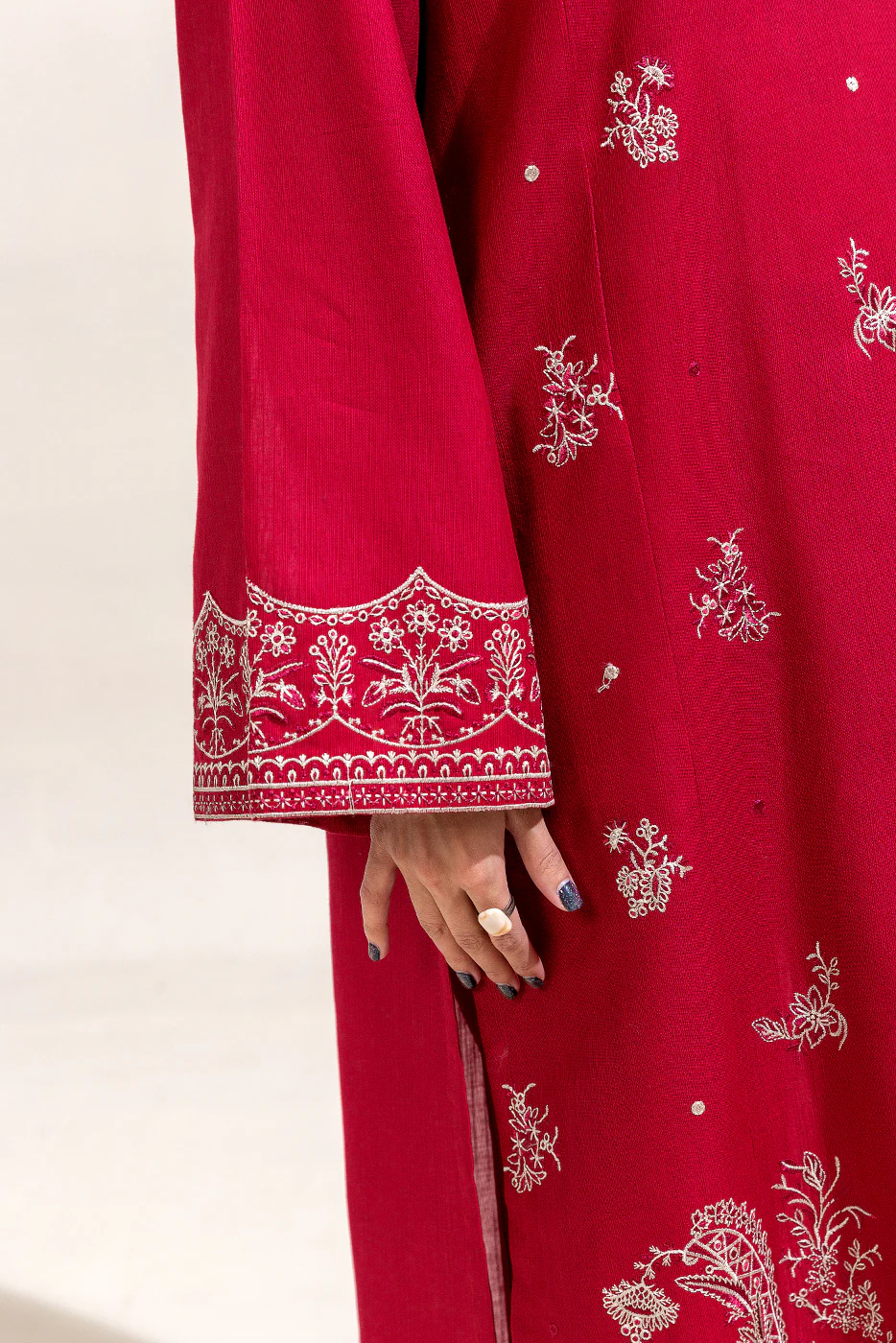 2 PIECE EMBROIDERED KHADDAR SUIT-SCARLET SKY (UNSTITCHED) - Image 5
