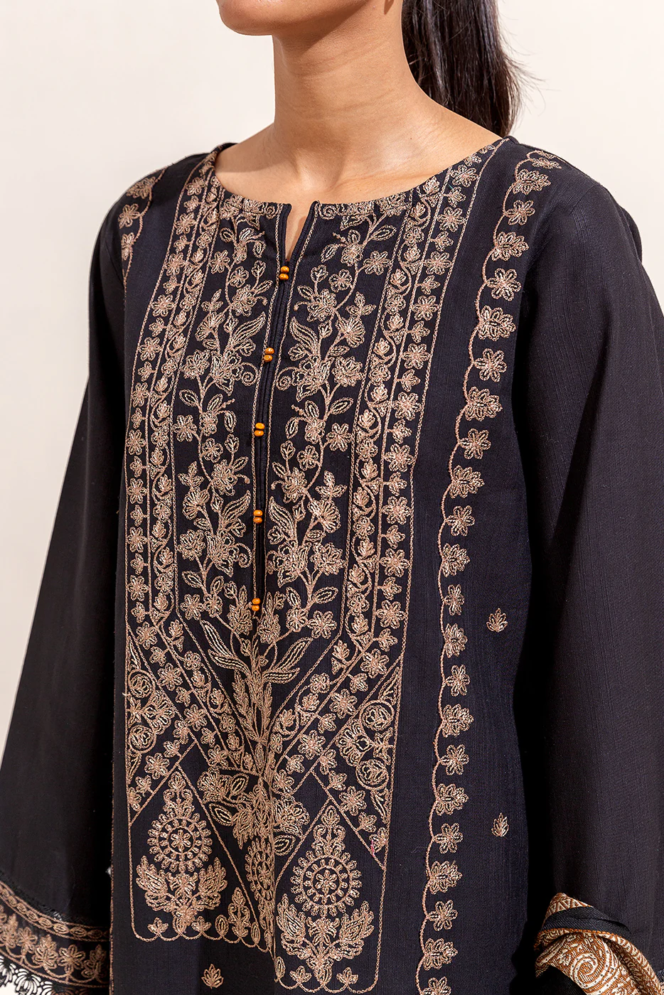 3 PIECE EMBROIDERED KHADDAR SUIT-RAVEN GOLD (UNSTITCHED) - Image 2