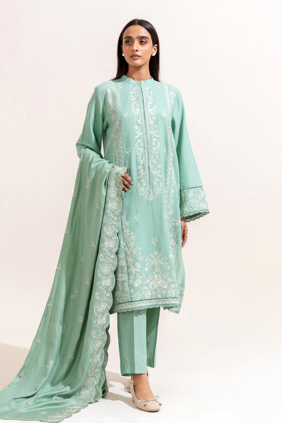 3 PIECE EMBROIDERED KHADDAR SUIT-MINT VERVE (UNSTITCHED) - Image 2