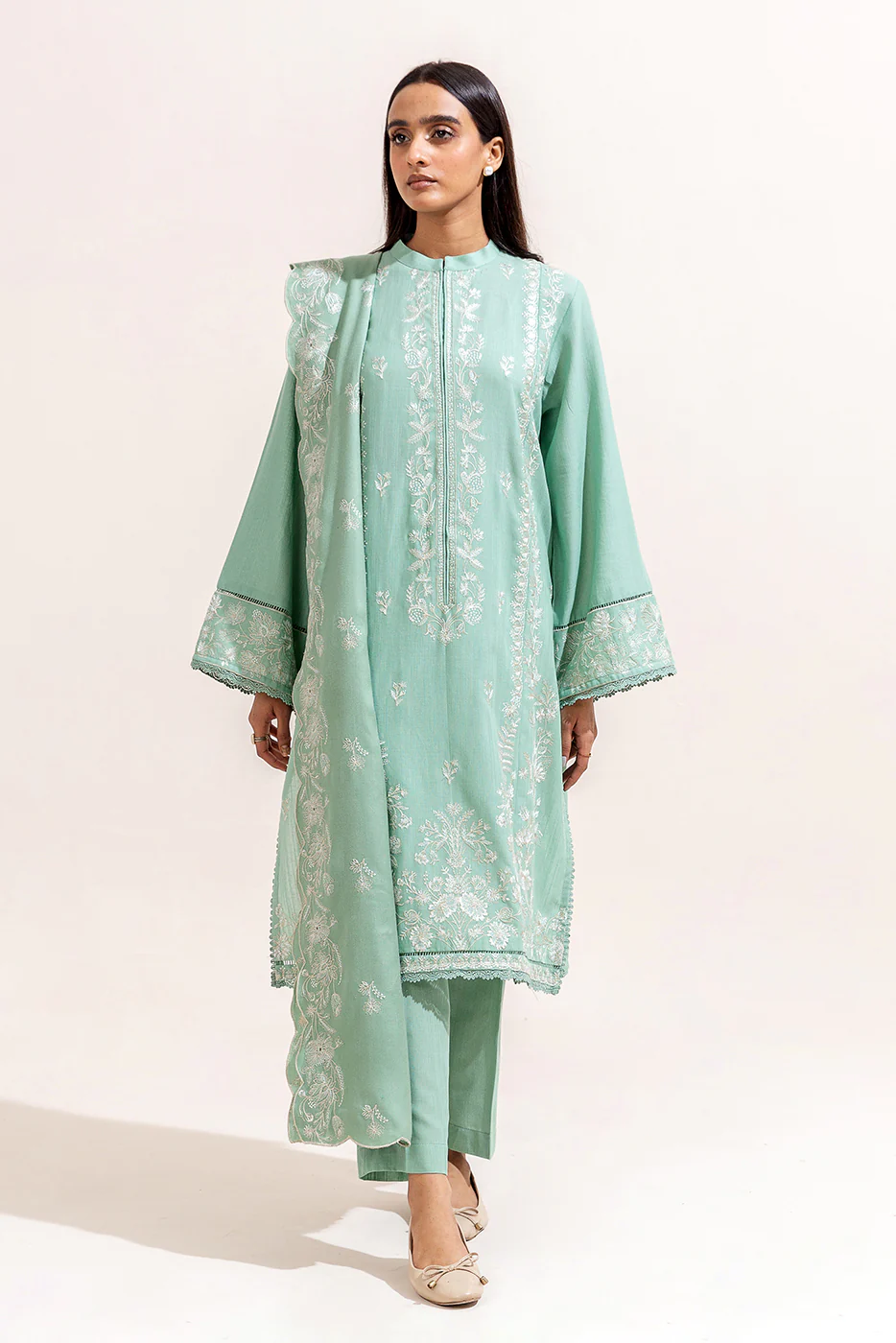 3 PIECE EMBROIDERED KHADDAR SUIT-MINT VERVE (UNSTITCHED) - Image 6