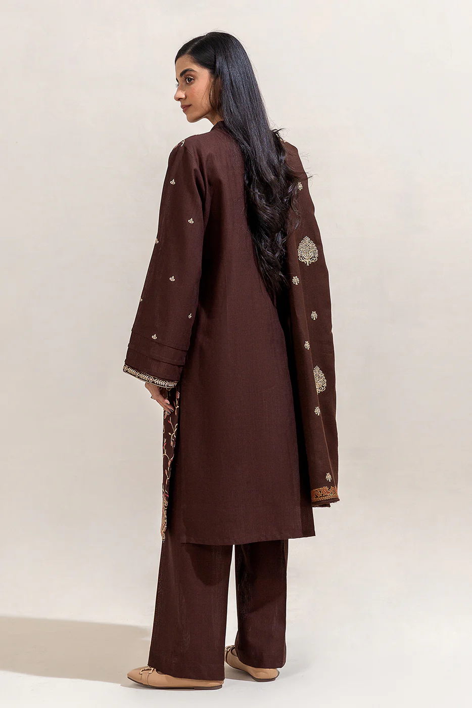3 PIECE EMBROIDERED KHADDAR SUIT-CEDAR TAN (UNSTITCHED) - Image 2