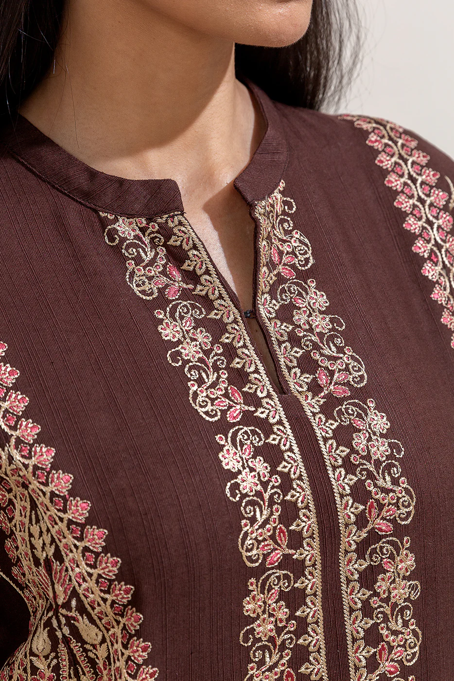 3 PIECE EMBROIDERED KHADDAR SUIT-CEDAR TAN (UNSTITCHED) - Image 5