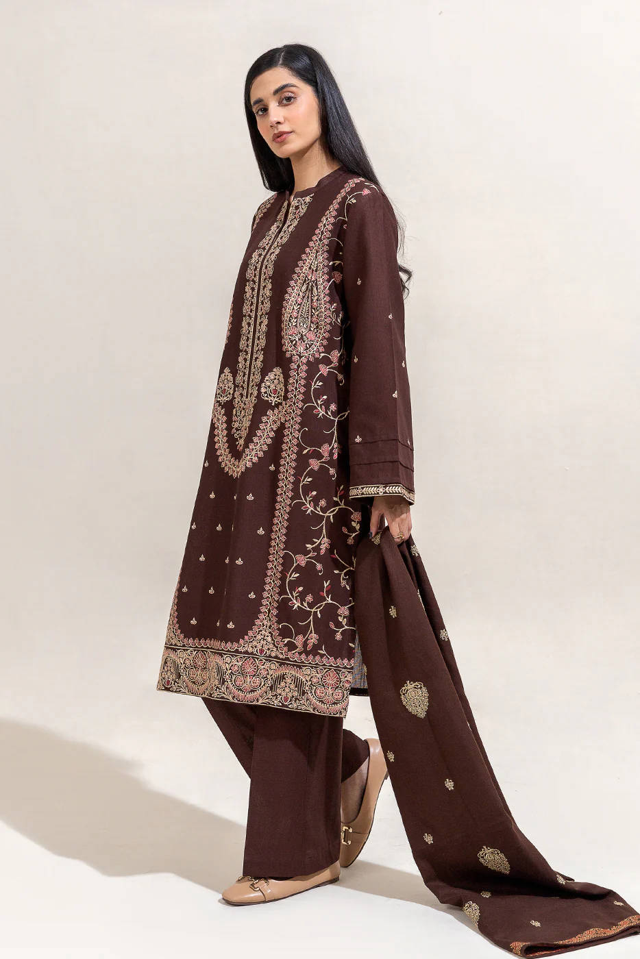 3 PIECE EMBROIDERED KHADDAR SUIT-CEDAR TAN (UNSTITCHED) - Image 6
