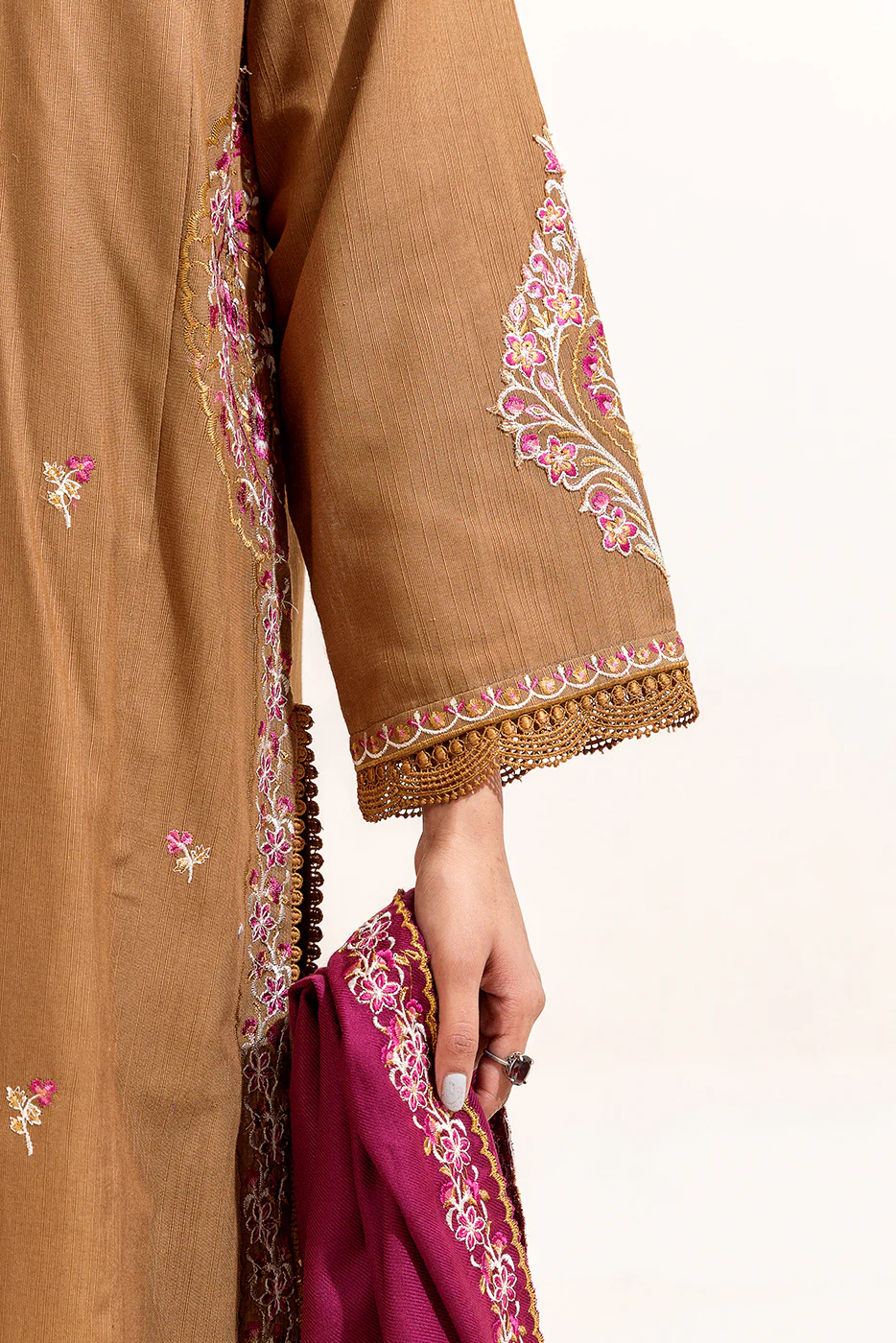 3 PIECE EMBROIDERED KHADDAR SUIT-RUSTIC HUE (UNSTITCHED) - Image 3
