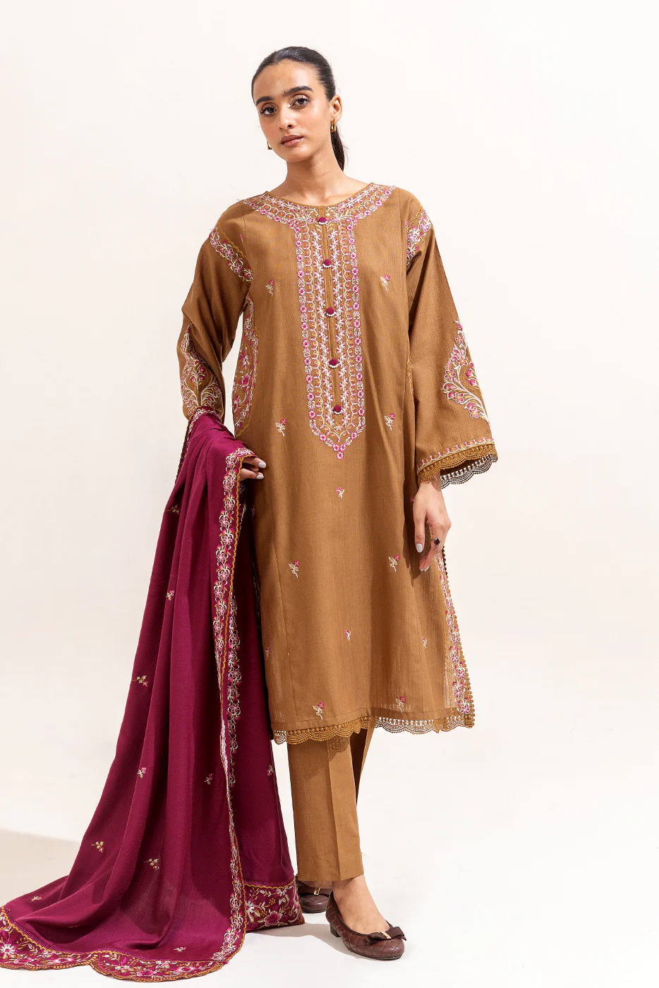 3 PIECE EMBROIDERED KHADDAR SUIT-RUSTIC HUE (UNSTITCHED) - Image 5