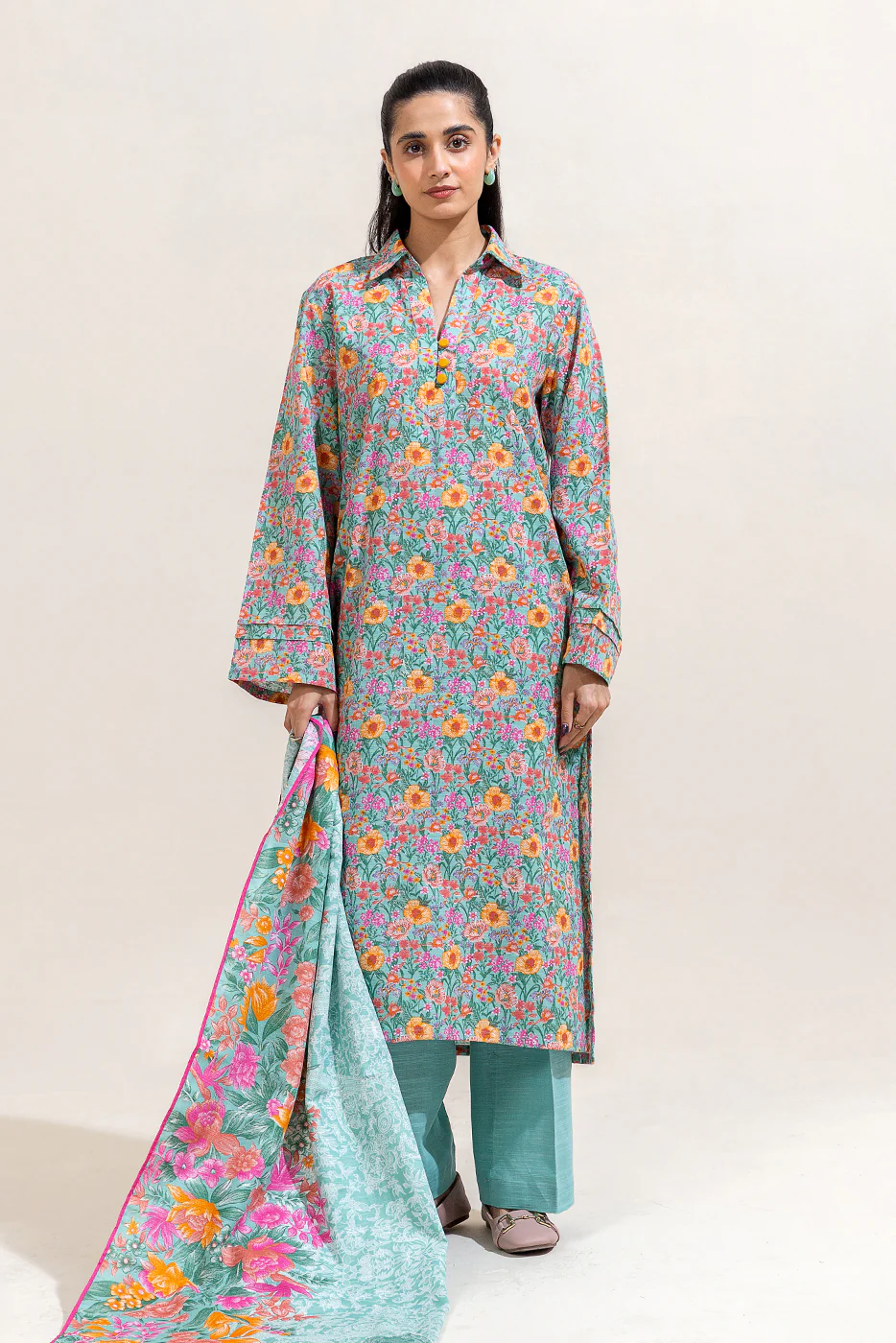 2 PIECE PRINTED KHADDAR SUIT-AQUA BLOOM (UNSTITCHED) - Image 4