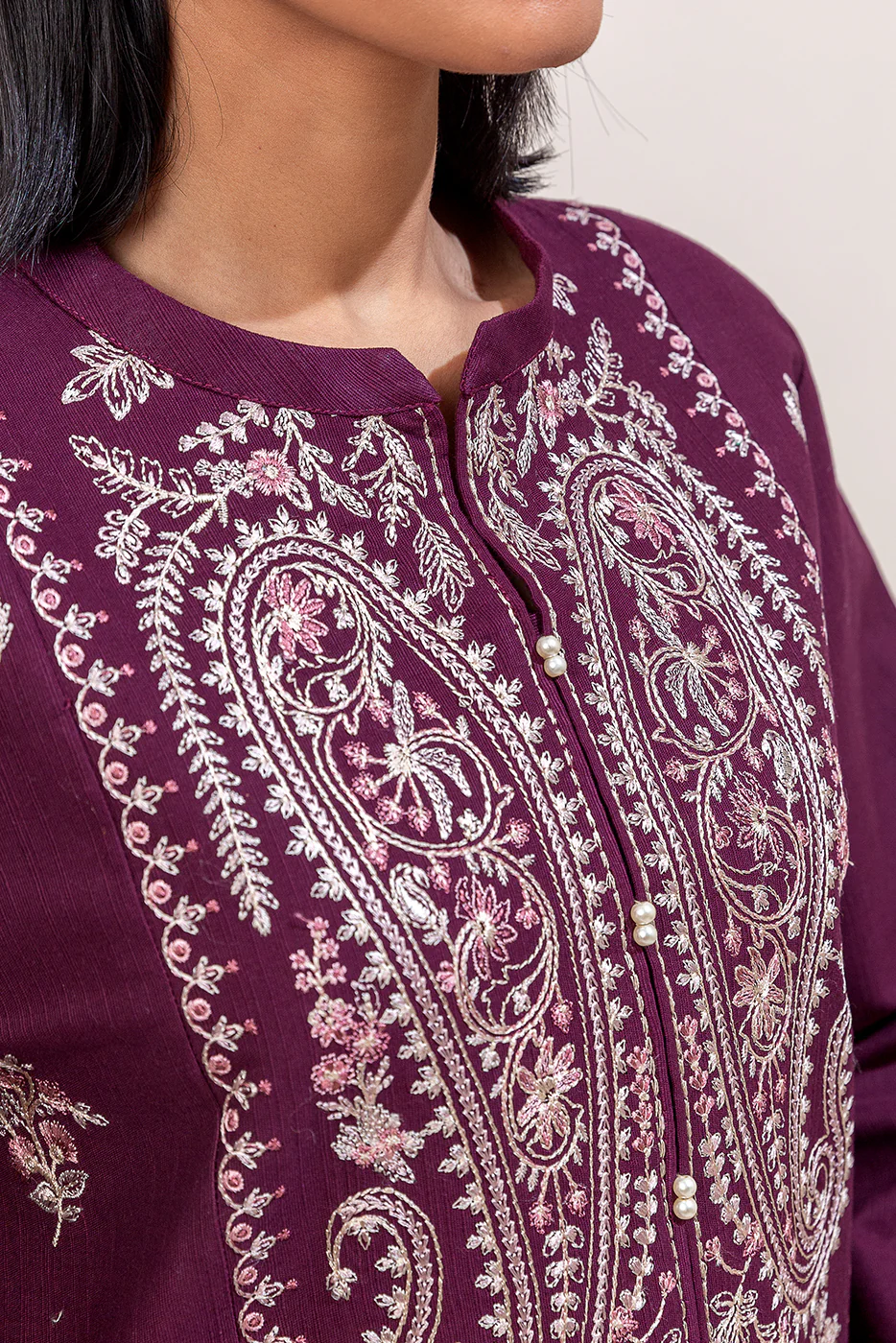 2 PIECE EMBROIDERED KHADDAR SUIT-RAISIN BLISS (UNSTITCHED) - Image 4