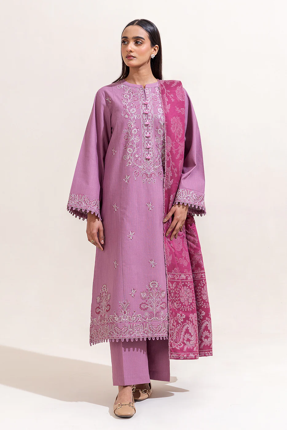3 PIECE EMBROIDERED KHADDAR SUIT-BLEACHED MAUVE (UNSTITCHED) - Image 2
