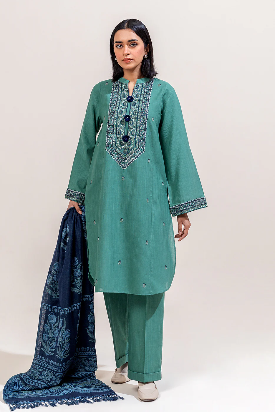 3 PIECE EMBROIDERED KHADDAR SUIT-TURKISH BLUE (UNSTITCHED) - Image 5