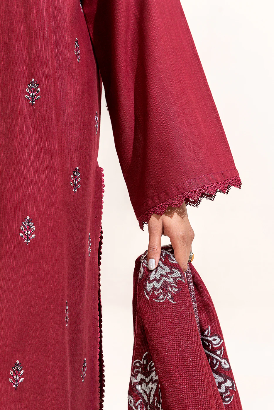 3 PIECE EMBROIDERED KHADDAR SUIT-GARNET WEFT (UNSTITCHED) - Image 3