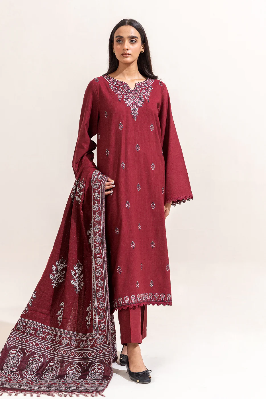 3 PIECE EMBROIDERED KHADDAR SUIT-GARNET WEFT (UNSTITCHED) - Image 5