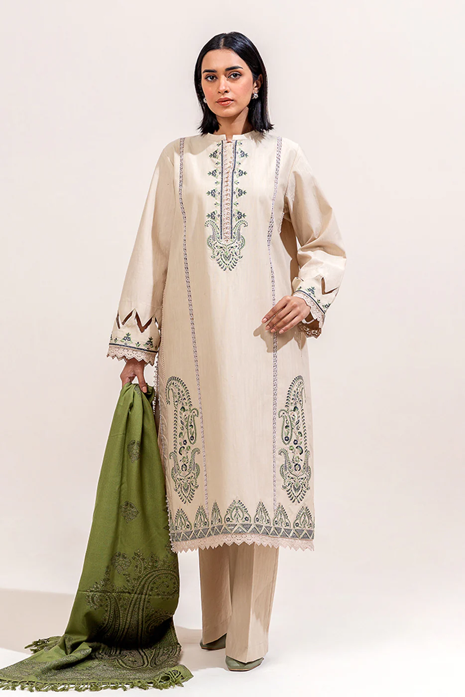 3 PIECE EMBROIDERED KHADDAR SUIT-MUTED TEAK (UNSTITCHED) - Image 4