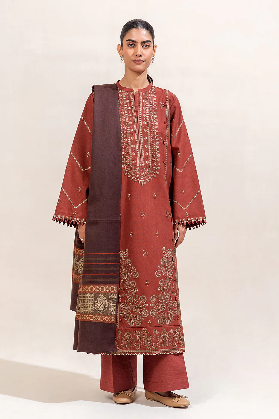 3 PIECE EMBROIDERED KHADDAR SUIT-RUST FOSSIL (UNSTITCHED) - Image 2
