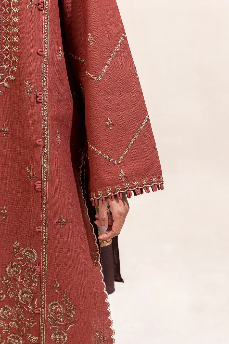 3 PIECE EMBROIDERED KHADDAR SUIT-RUST FOSSIL (UNSTITCHED) - Image 6