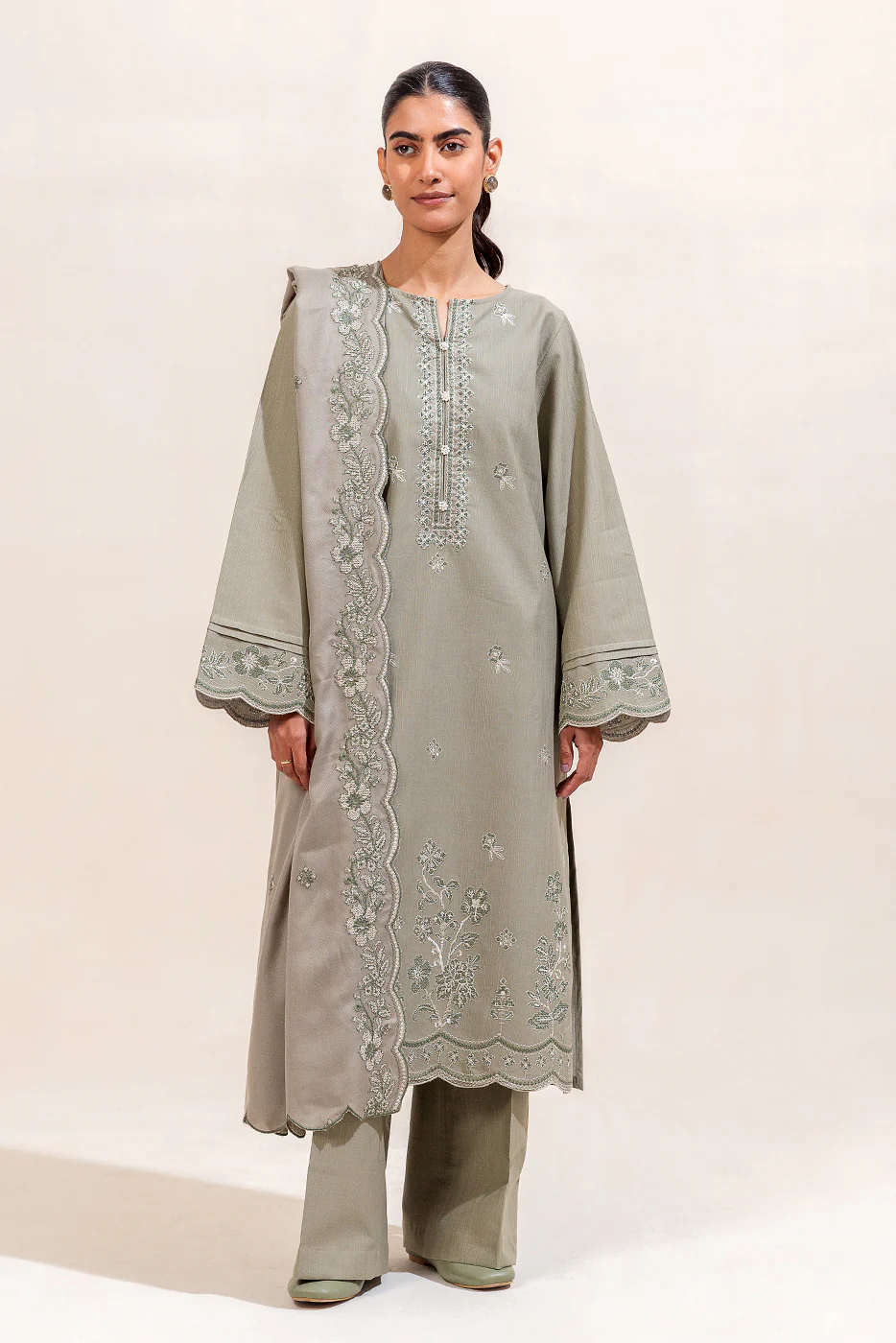 3 PIECE EMBROIDERED KHADDAR SUIT-OLIVE DESIRE (UNSTITCHED) - Image 2