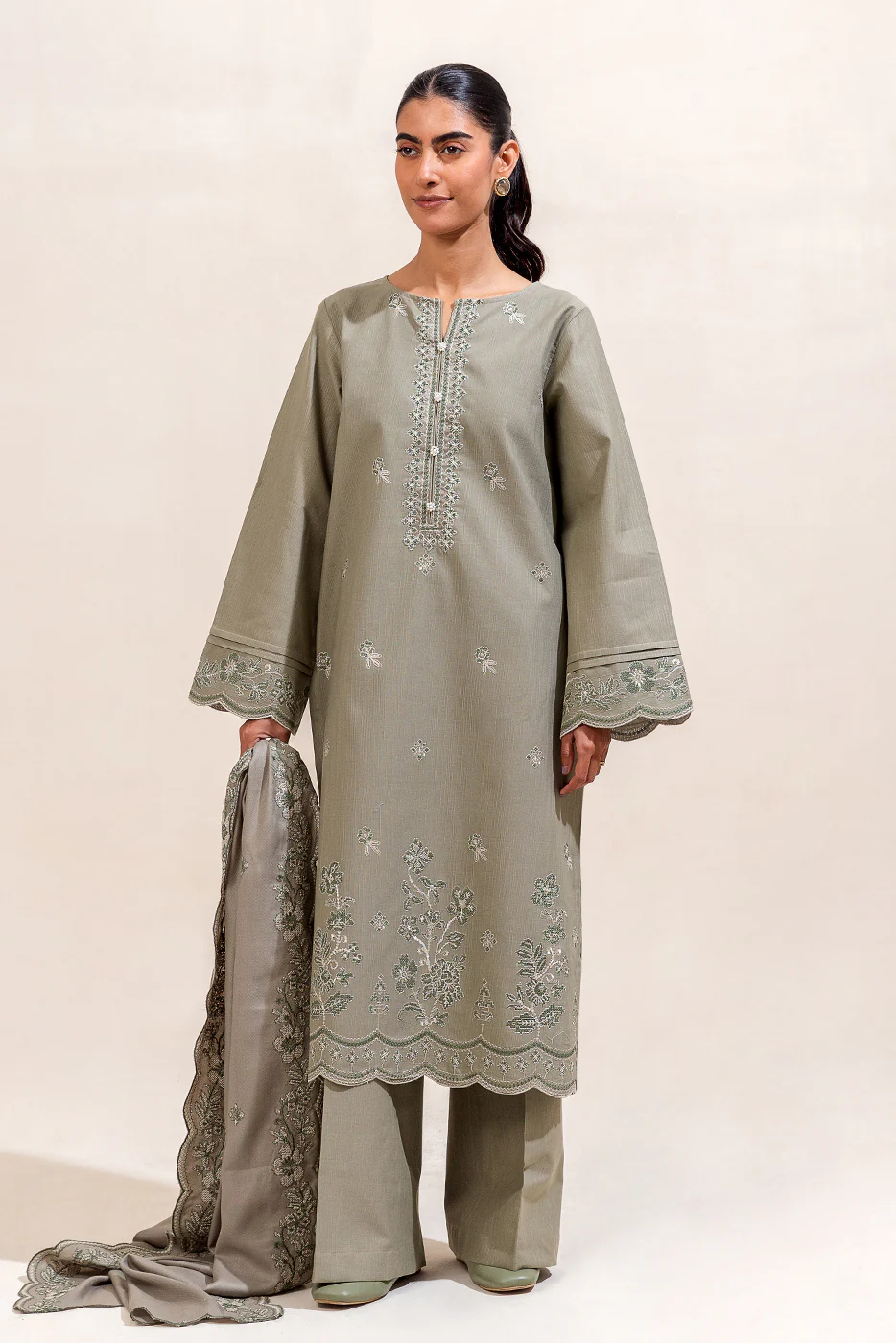 3 PIECE EMBROIDERED KHADDAR SUIT-OLIVE DESIRE (UNSTITCHED) - Image 3