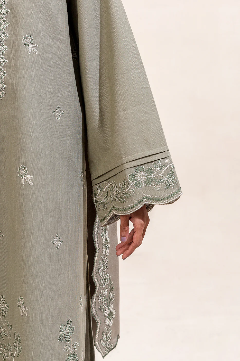3 PIECE EMBROIDERED KHADDAR SUIT-OLIVE DESIRE (UNSTITCHED) - Image 6