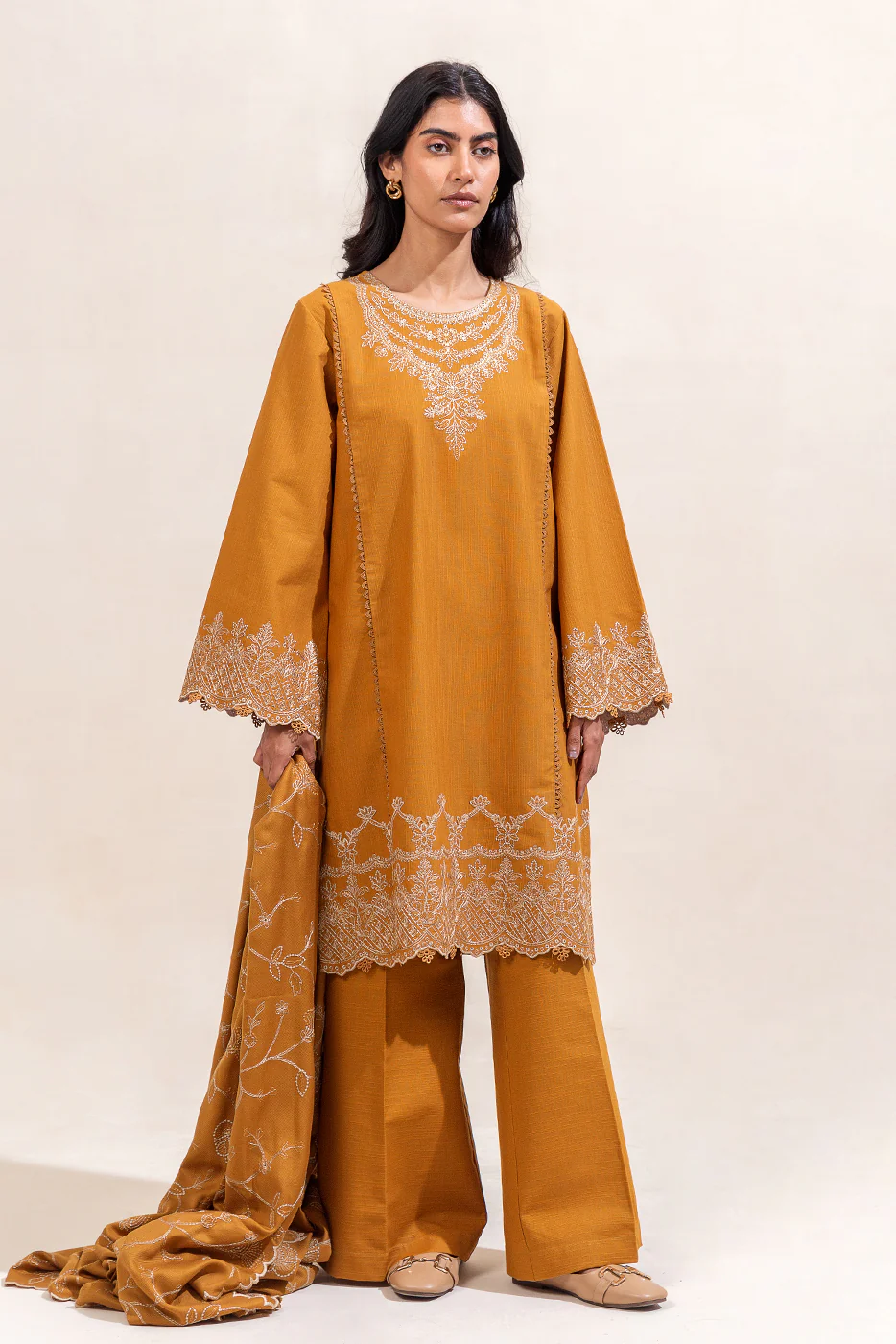 3 PIECE EMBROIDERED KHADDAR SUIT-MUSTARD TRIBE (UNSTITCHED) - Image 3