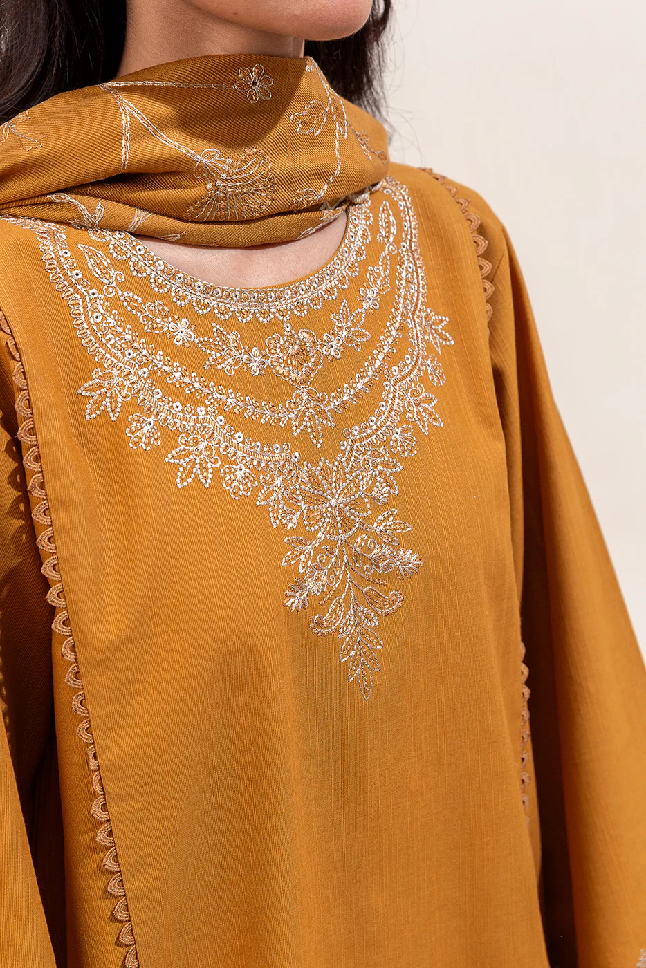 3 PIECE EMBROIDERED KHADDAR SUIT-MUSTARD TRIBE (UNSTITCHED) - Image 5