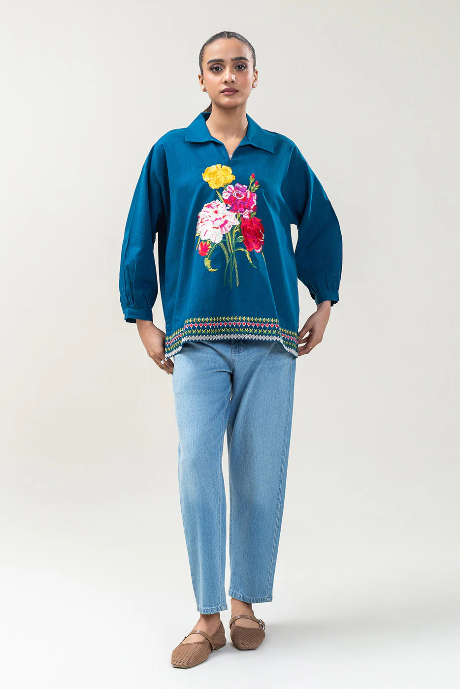EMBROIDERED TWO WAY SLUB TOP (PRET) - Image 2
