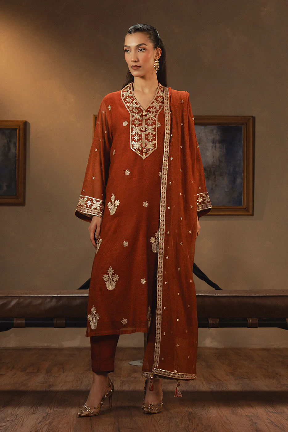 3 PIECE EMBROIDERED COTTON NET SUIT (LUXURY PRET) - Image 5