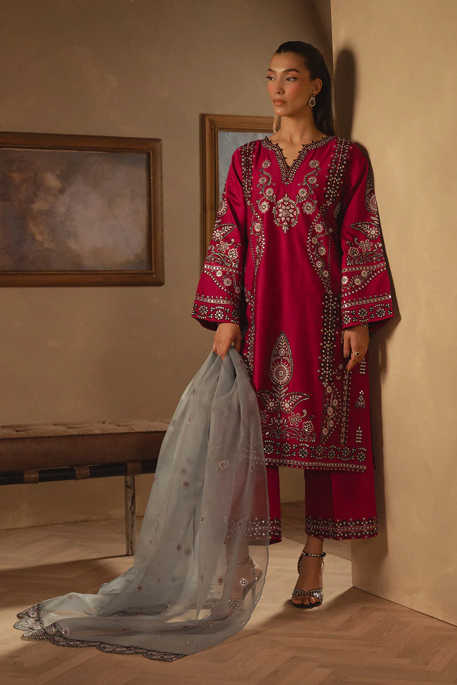 3 PIECE EMBROIDERED TWO TONE SUIT (LUXURY PRET) - Image 3