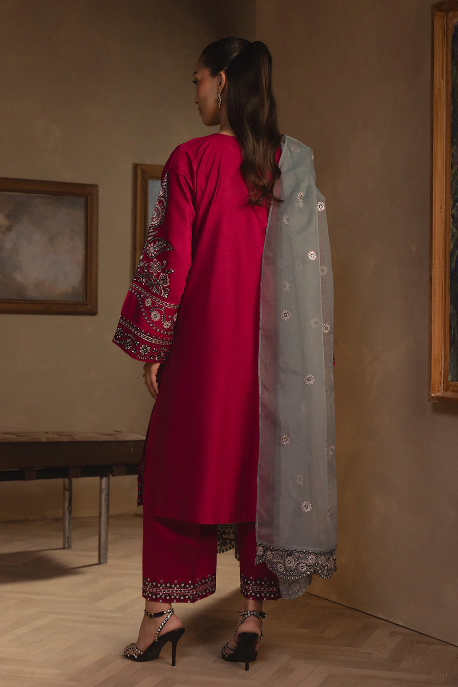 3 PIECE EMBROIDERED TWO TONE SUIT (LUXURY PRET) - Image 5