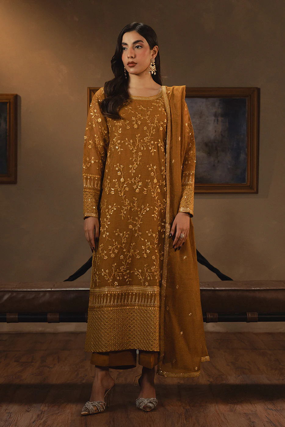 3 PIECE EMBROIDERED COTTON NET SUIT (LUXURY PRET) - Image 4