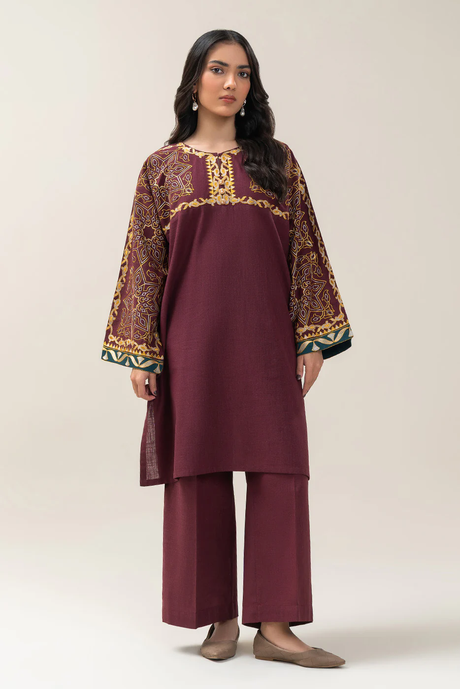 2 PIECE EMBROIDERED TWO WAY SLUB SUIT (PRET) - Image 2