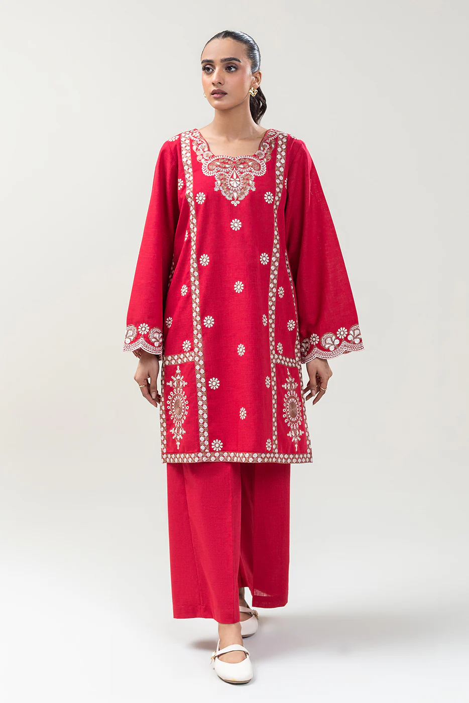 2 PIECE EMBROIDERED TWO WAY SLUB SUIT (PRET) - Image 6