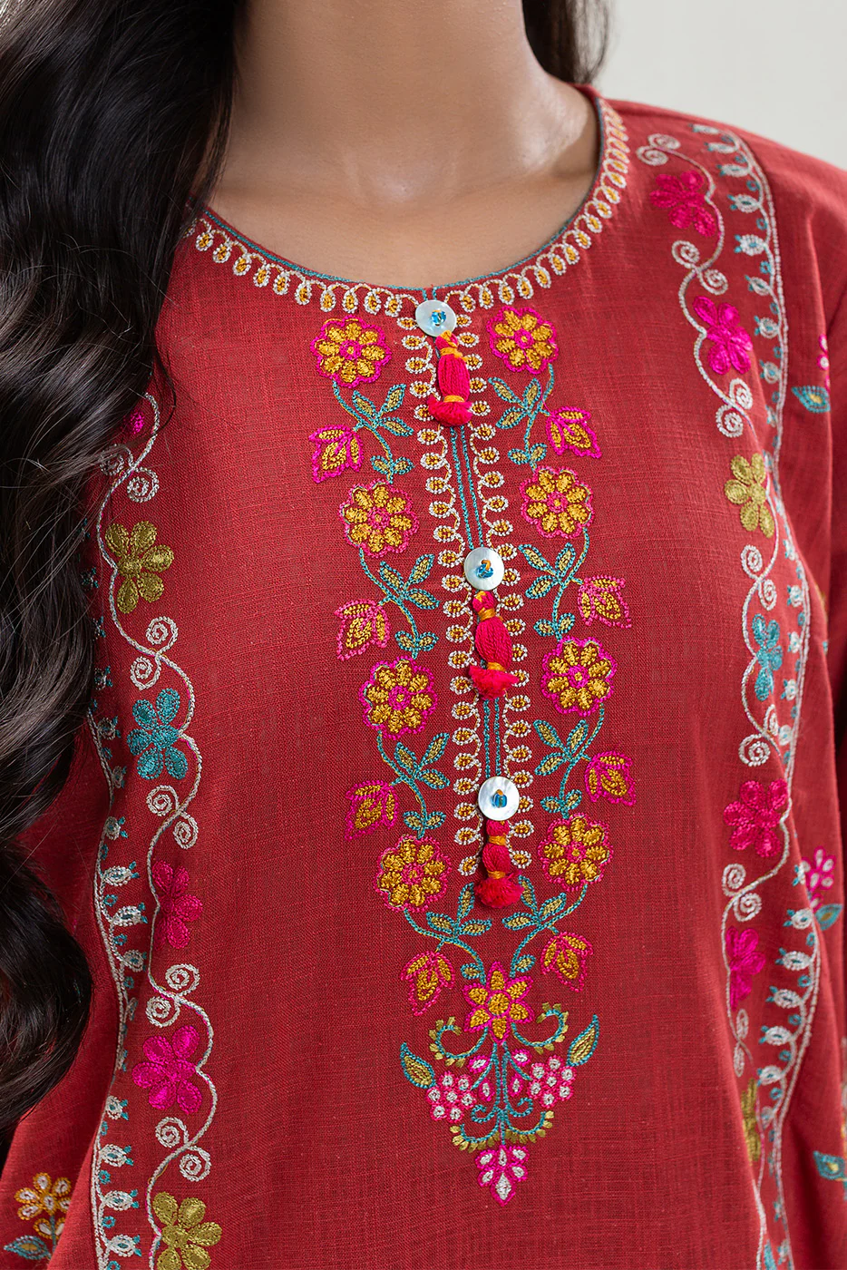2 PIECE EMBROIDERED TWO WAY SLUB SUIT (PRET) - Image 5