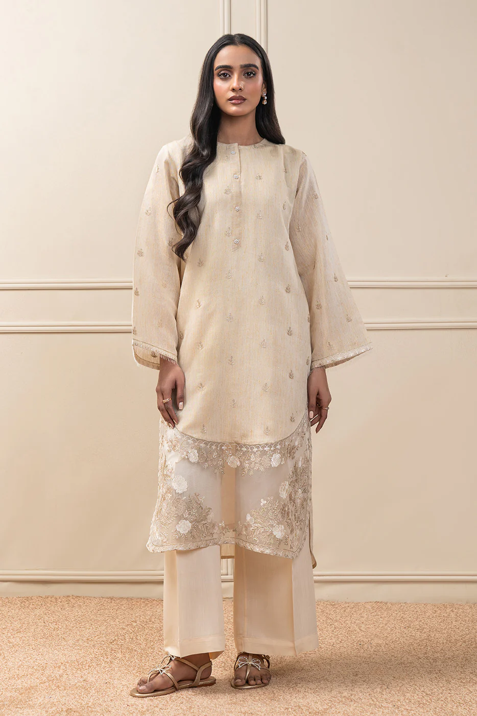 2 PIECE EMBROIDERED GOLD ZARI SUIT (PRET) - Image 2