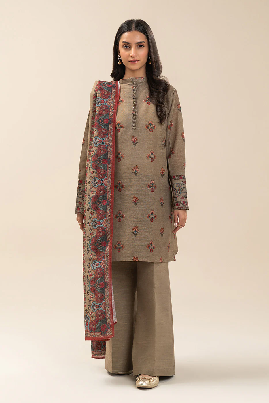 3 PIECE PRINTED SLUB KHADDAR SUIT-TAUPE DUSK (UNSTITCHED) - Image 2