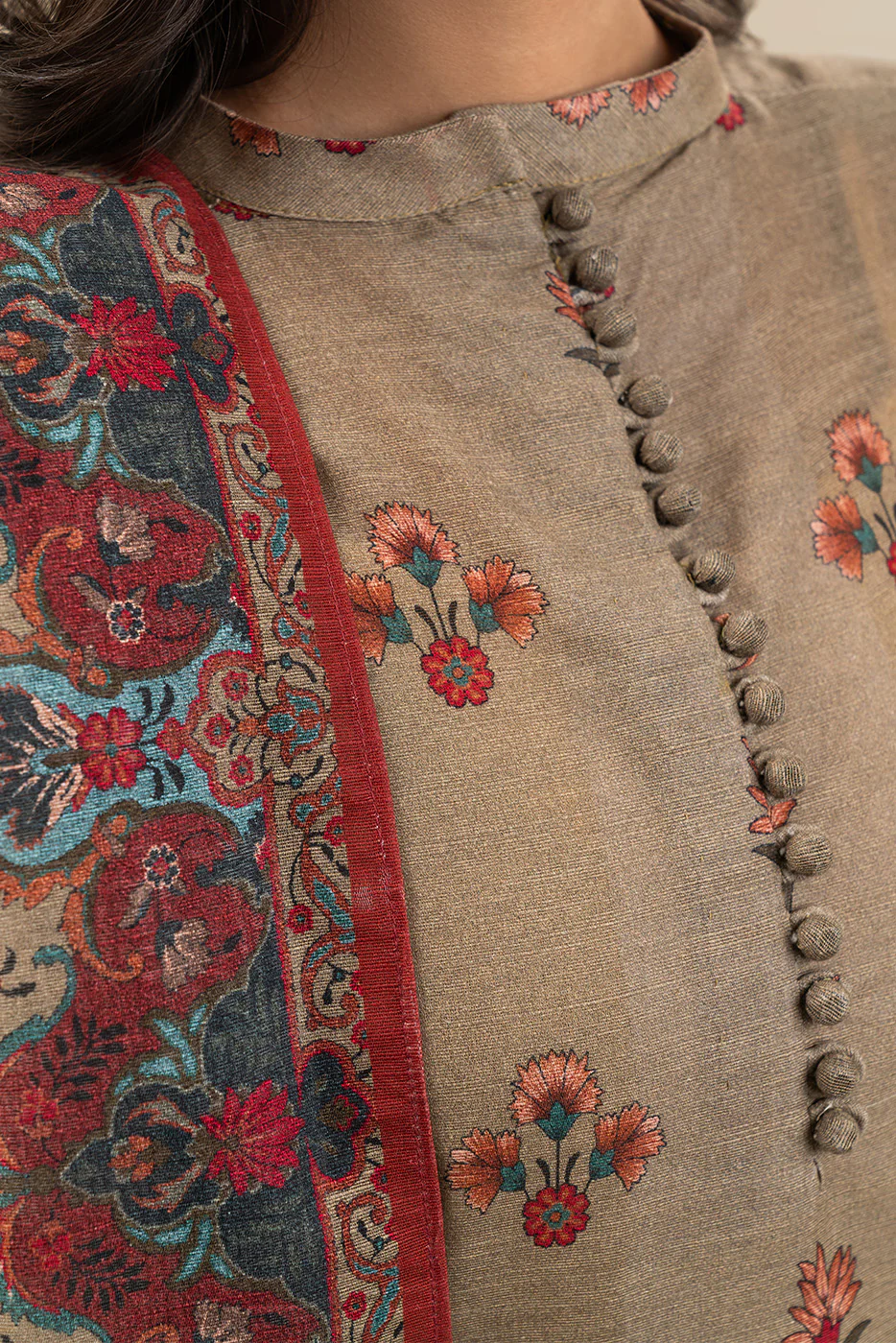 3 PIECE PRINTED SLUB KHADDAR SUIT-TAUPE DUSK (UNSTITCHED) - Image 6