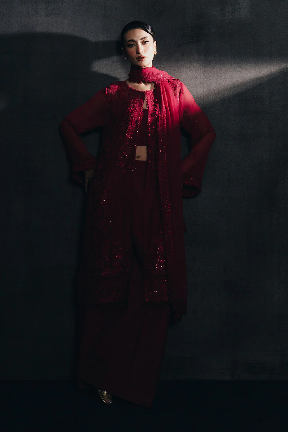 4 PIECE EMBROIDERED CHIFFON SUIT-CARMINE RED (UNSTITCHED) - Image 3
