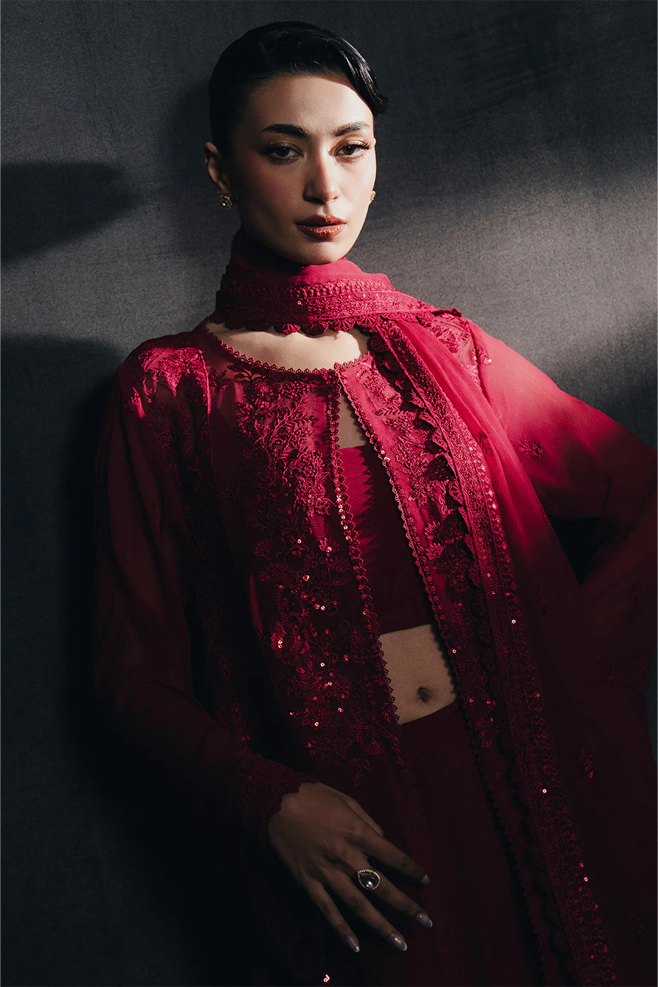 4 PIECE EMBROIDERED CHIFFON SUIT-CARMINE RED (UNSTITCHED) - Image 4