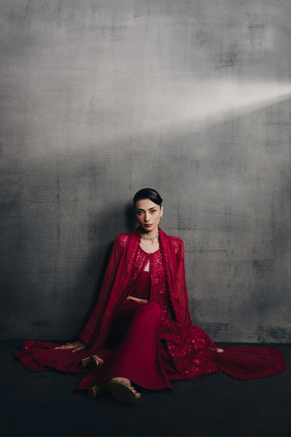 4 PIECE EMBROIDERED CHIFFON SUIT-CARMINE RED (UNSTITCHED) - Image 6