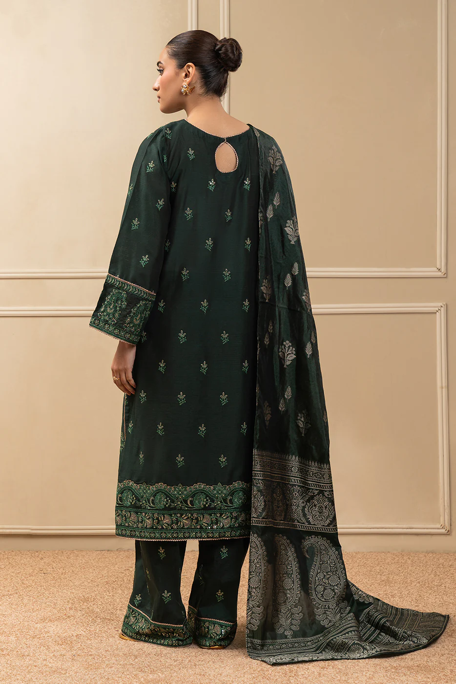 3 PIECE EMBROIDERED COTTON  RAW SILK SUIT-TWILIGHT EMERALD (UNSTITCHED) - Image 3