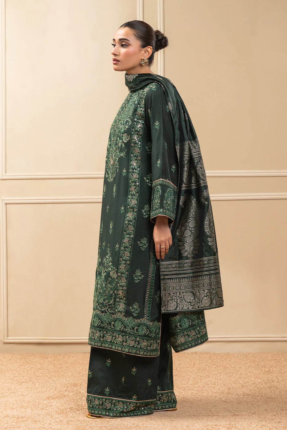 3 PIECE EMBROIDERED COTTON  RAW SILK SUIT-TWILIGHT EMERALD (UNSTITCHED) - Image 4