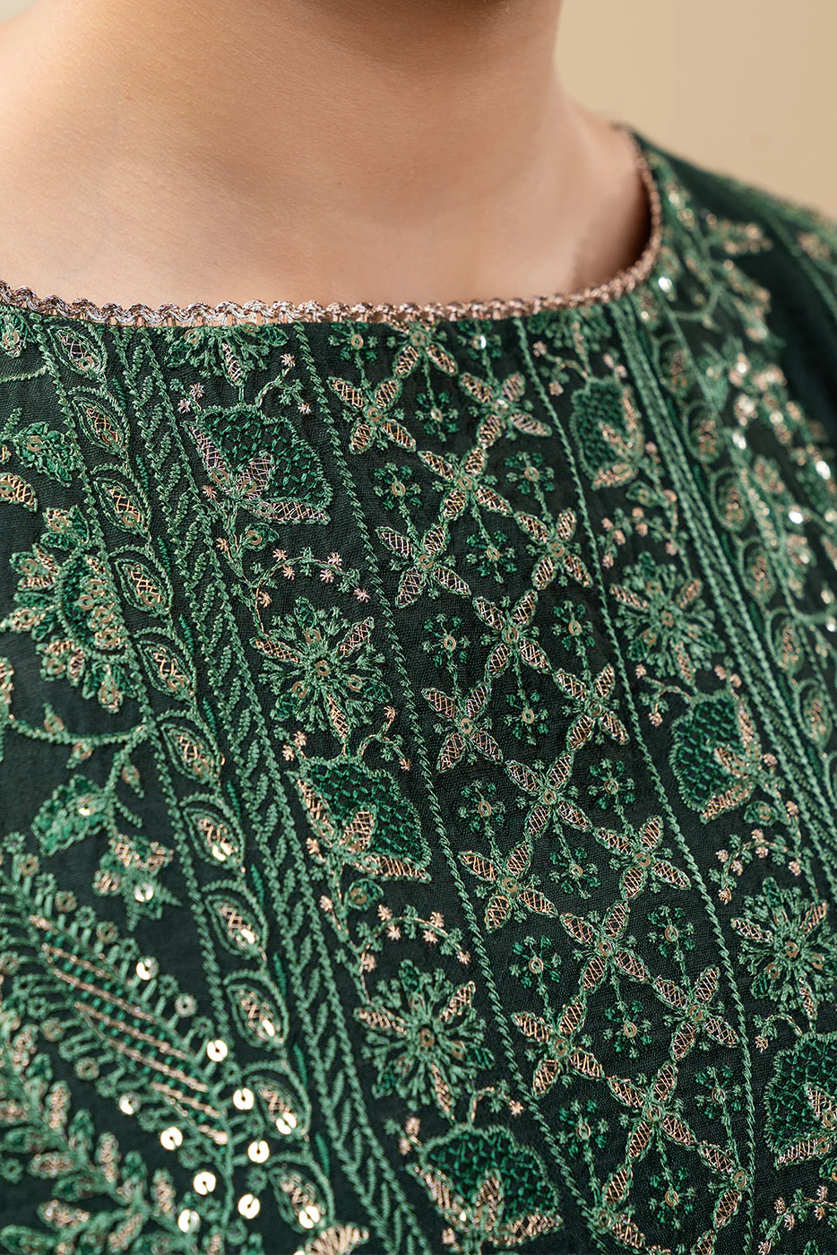 3 PIECE EMBROIDERED COTTON  RAW SILK SUIT-TWILIGHT EMERALD (UNSTITCHED) - Image 5