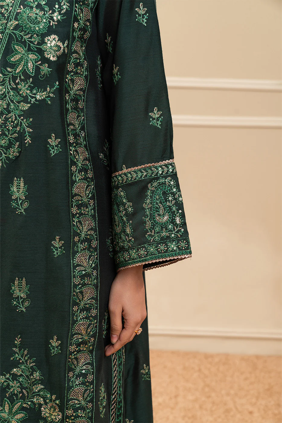 3 PIECE EMBROIDERED COTTON  RAW SILK SUIT-TWILIGHT EMERALD (UNSTITCHED) - Image 6