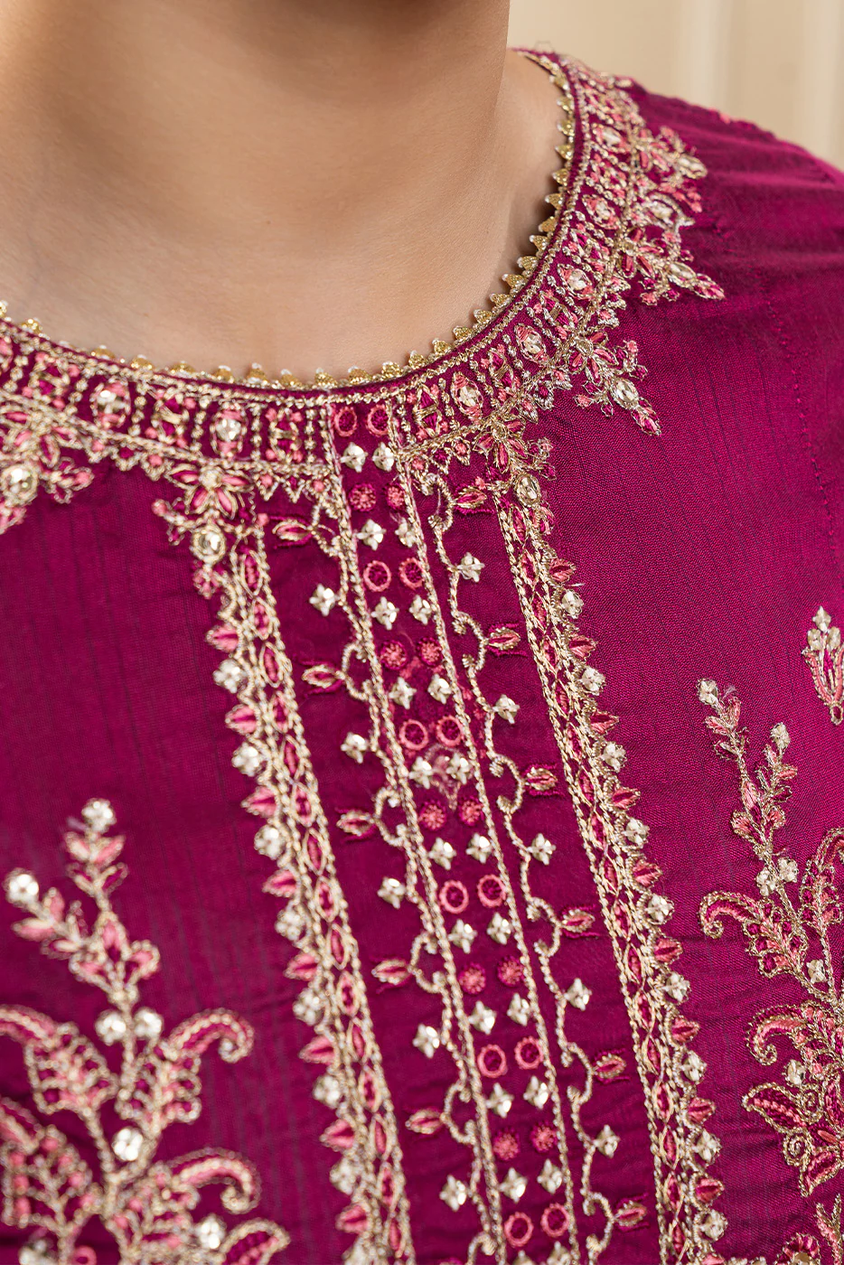 3 PIECE EMBROIDERED COTTON  RAW SILK SUIT-PLUM LUXE (UNSTITCHED) - Image 3